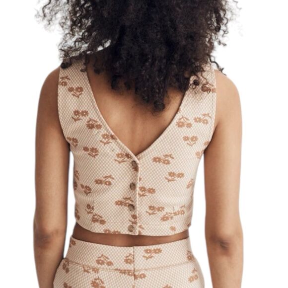 Madewell Crop Tank Top Button Back Brown Geo Daisy Vest Women’s Size Medium - Picture 2 of 7